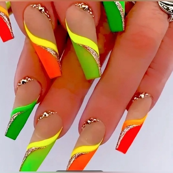 Other - 24 pcs Colorful Coffin Press On Nails with Rhinestones and Glitter